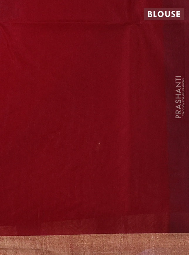 Kora silk cotton saree teal green shade and maroon with silver & gold zari woven buttas and zari woven border