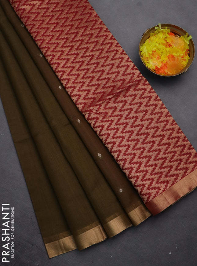 Kora silk cotton saree olive green and maroon with zari woven buttas and zari woven border