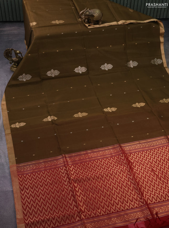 Kora silk cotton saree olive green and maroon with zari woven buttas and zari woven border