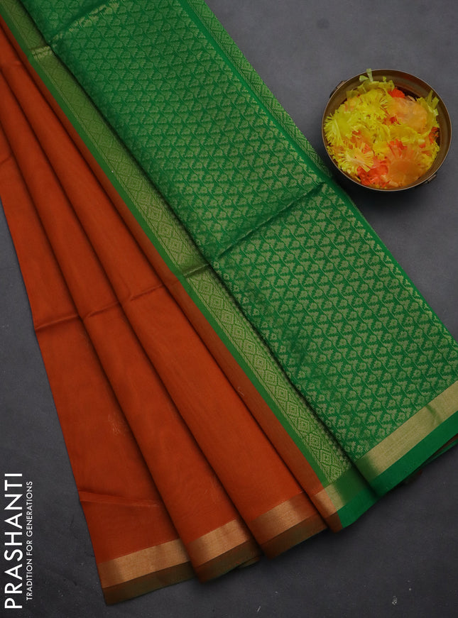 Kora silk cotton saree rustic orange and green with zari woven buttas and zari woven border