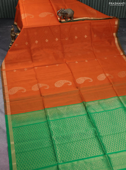Kora silk cotton saree rustic orange and green with zari woven buttas and zari woven border