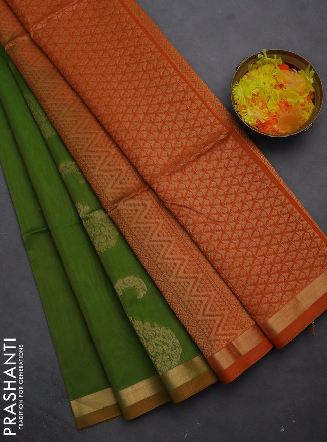 Kora silk cotton saree green and orange with zari woven buttas and zari woven border