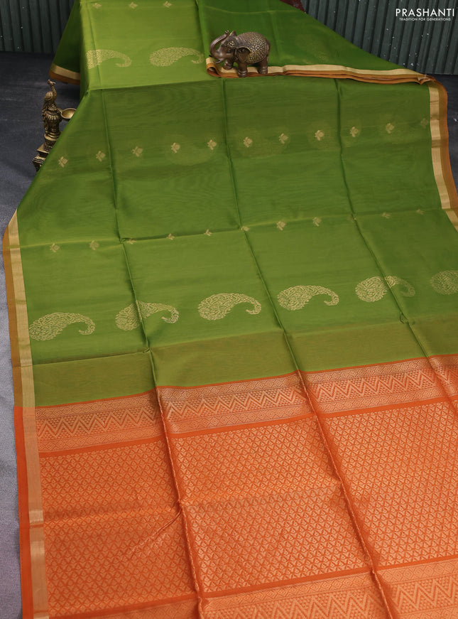 Kora silk cotton saree green and orange with zari woven buttas and zari woven border