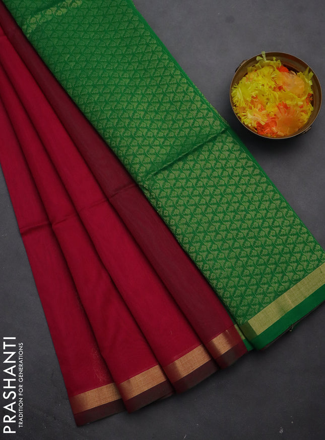 Kora silk cotton saree magenta pink and green with zari woven buttas and zari woven border