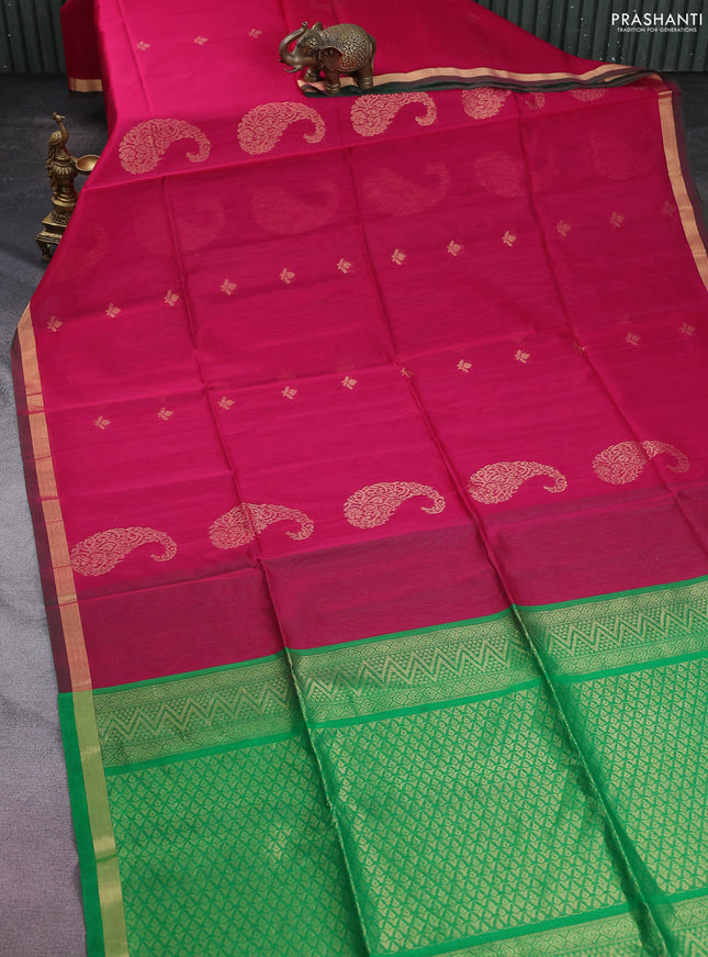 Kora silk cotton saree magenta pink and green with zari woven buttas and zari woven border