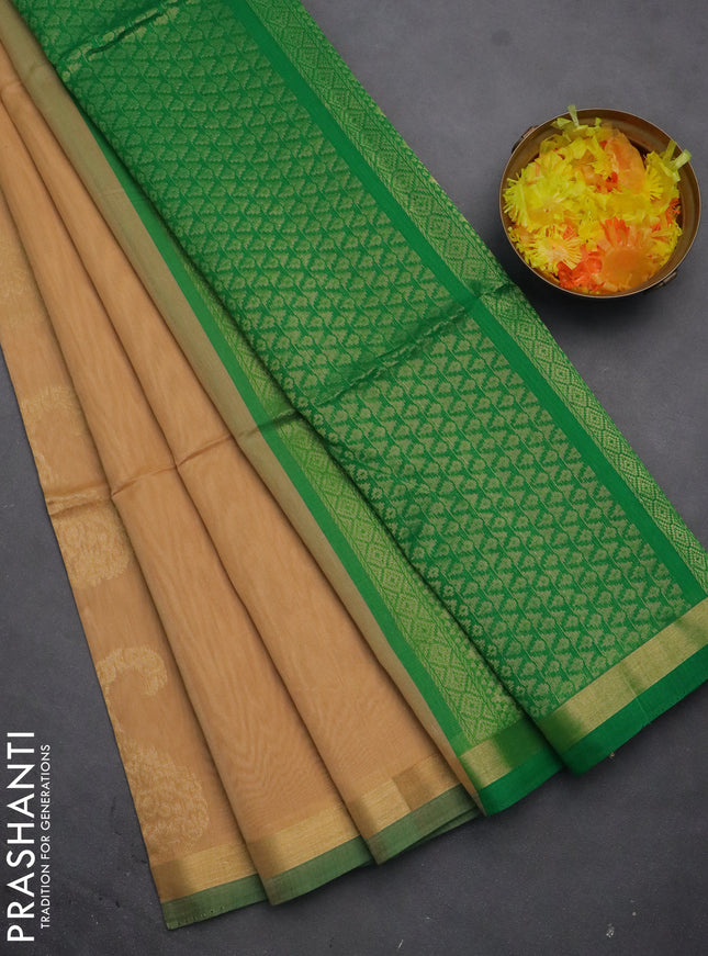 Kora silk cotton saree sandal and green with zari woven buttas and zari woven border