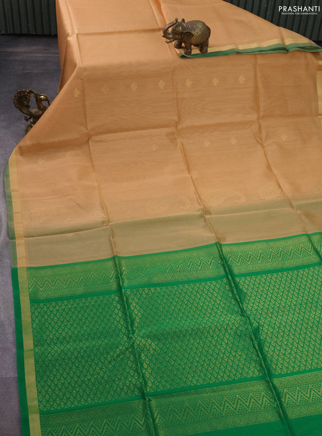 Kora silk cotton saree sandal and green with zari woven buttas and zari woven border