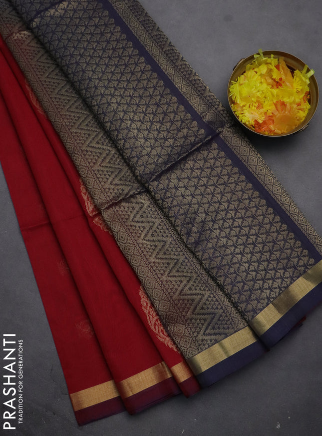 Kora silk cotton saree red and navy blue with zari woven buttas and zari woven border