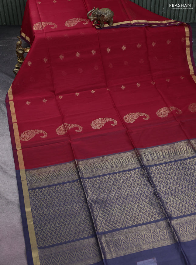 Kora silk cotton saree red and navy blue with zari woven buttas and zari woven border