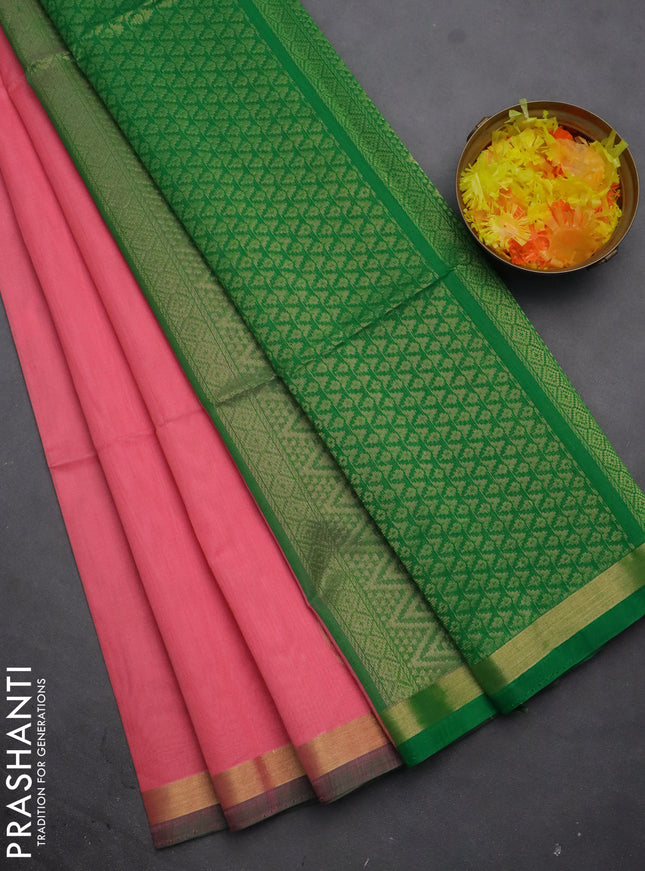 Kora silk cotton saree peach pink and green with zari woven buttas and zari woven border