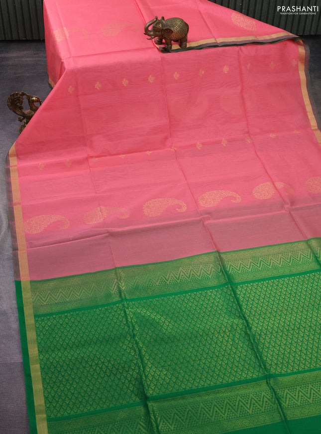 Kora silk cotton saree peach pink and green with zari woven buttas and zari woven border