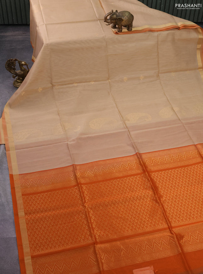 Kora silk cotton saree beige and orange with zari woven buttas and zari woven border