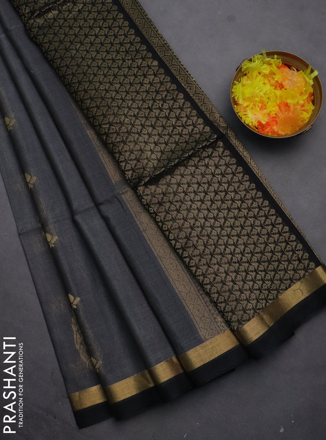 Kora silk cotton saree grey and black with silver & gold zari woven buttas and zari woven border