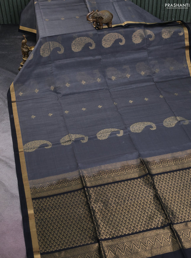 Kora silk cotton saree grey and black with silver & gold zari woven buttas and zari woven border