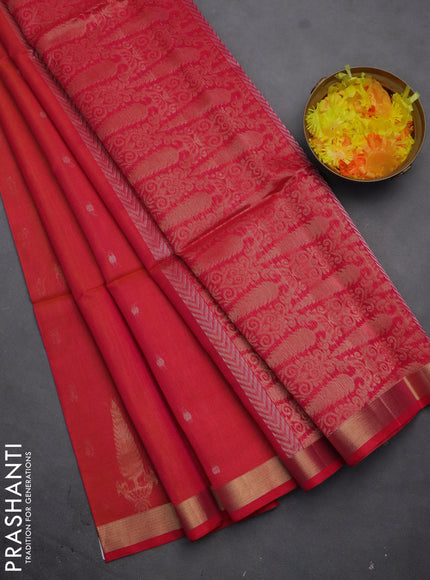 Kora silk cotton saree dual shade of pinkish orange and pink with silver & gold zari woven buttas and zari woven border