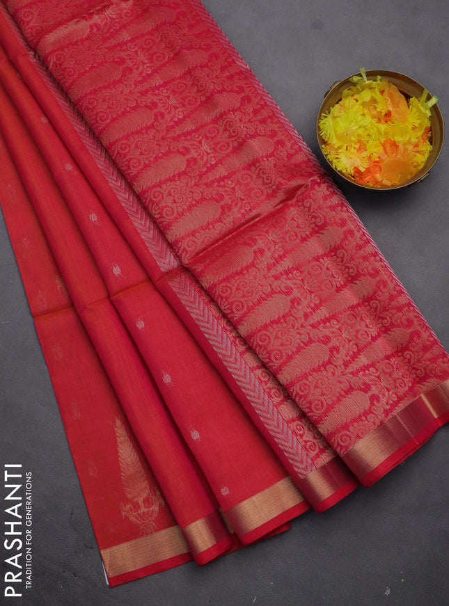 Kora silk cotton saree dual shade of pinkish orange and pink with silver & gold zari woven buttas and zari woven border