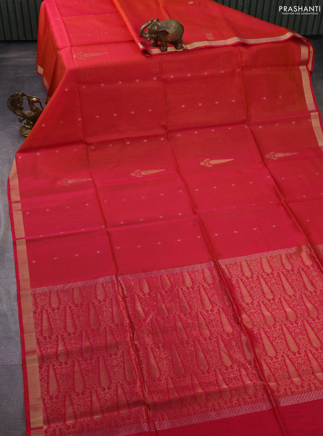 Kora silk cotton saree dual shade of pinkish orange and pink with silver & gold zari woven buttas and zari woven border