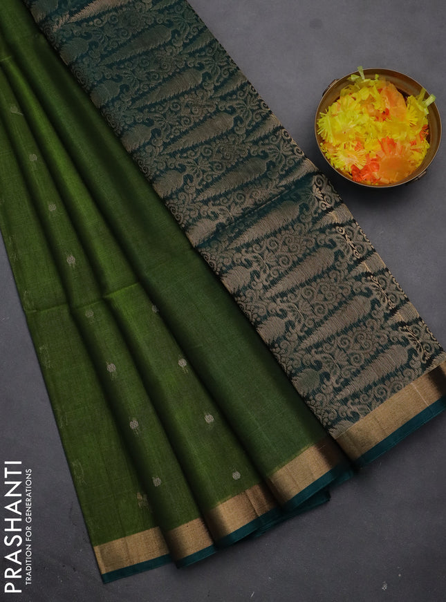 Kora silk cotton saree sap green and peacock green with silver & gold zari woven buttas and zari woven border