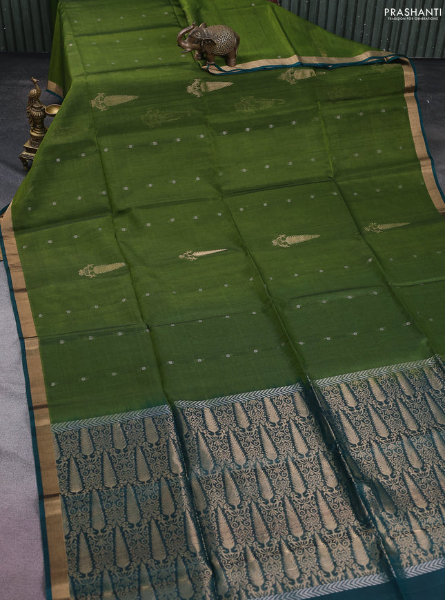 Kora silk cotton saree sap green and peacock green with silver & gold zari woven buttas and zari woven border