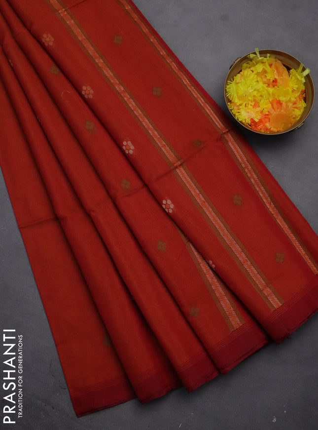 Kora silk cotton saree rustic orange and maroon with thread & zari woven geometric buttas and simple border