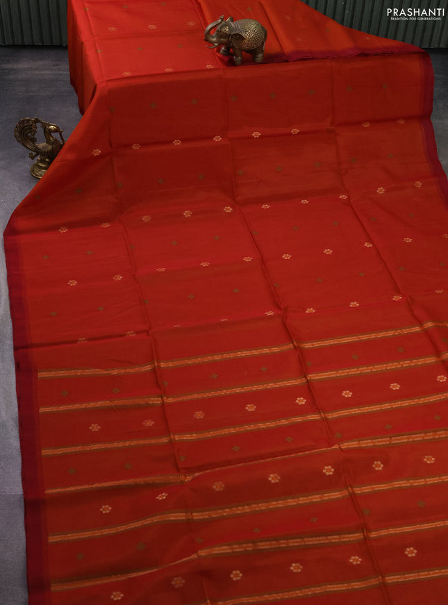 Kora silk cotton saree rustic orange and maroon with thread & zari woven geometric buttas and simple border