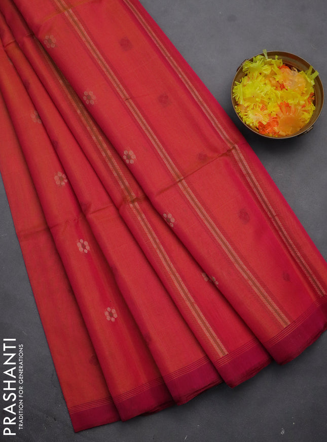 Kora silk cotton saree dual shade of pinkish orange and magenta pink with thread & zari woven geometric buttas and simple border