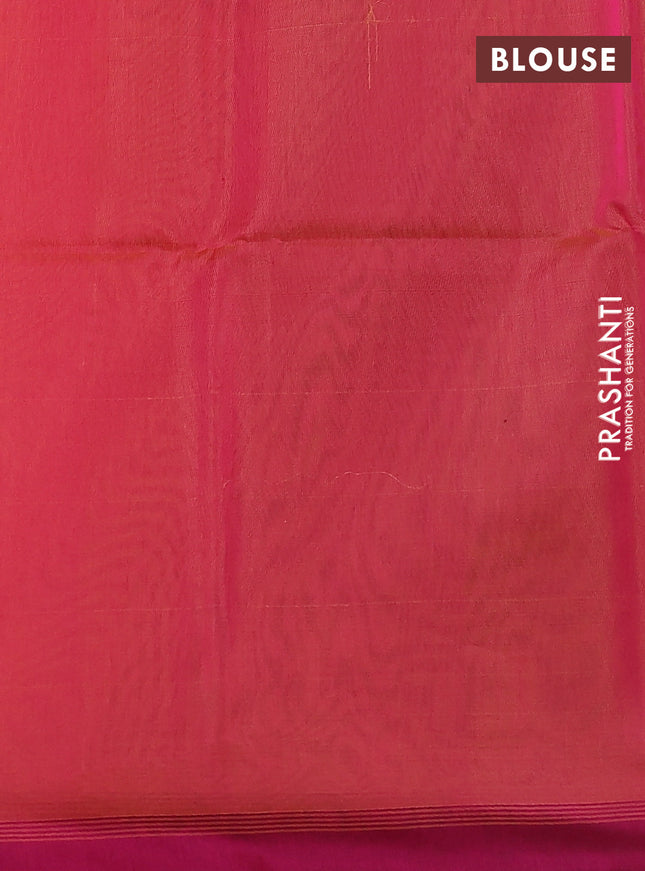 Kora silk cotton saree dual shade of pinkish orange and magenta pink with thread & zari woven geometric buttas and simple border