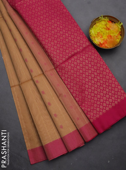 Kora silk cotton saree sandal and pink with thread & zari weaves and simple border