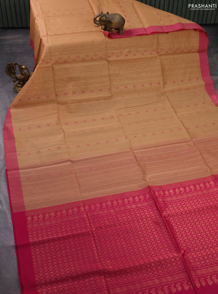 Kora silk cotton saree sandal and pink with thread & zari weaves and simple border