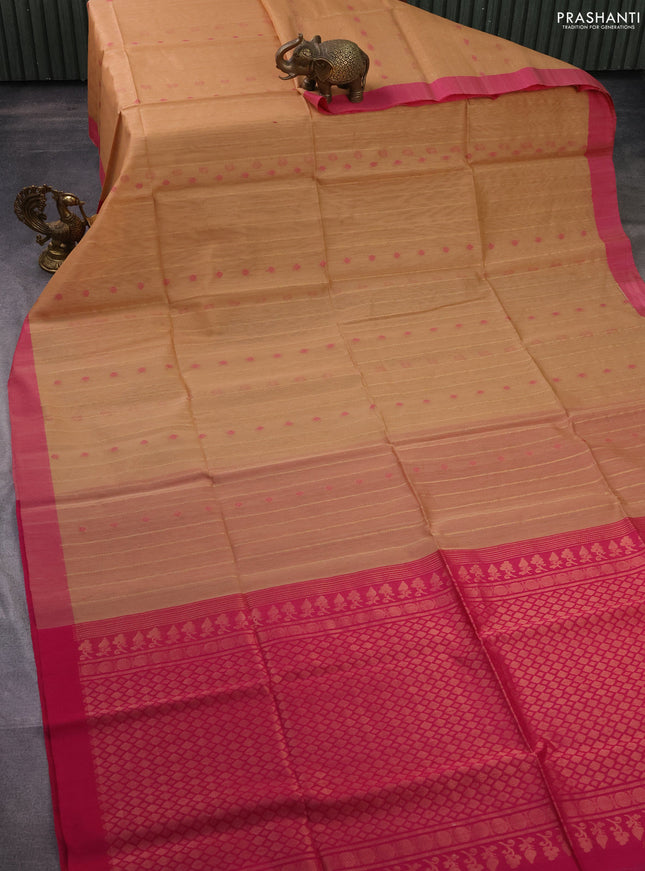 Kora silk cotton saree sandal and pink with thread & zari weaves and simple border