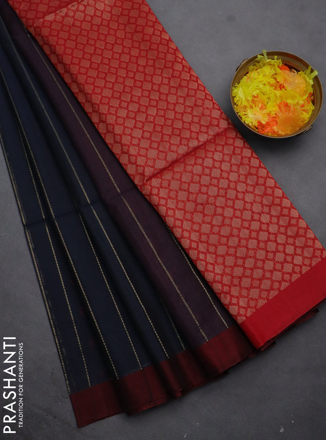 Kora silk cotton saree dark peacock blue and maroon with thread & zari weaves and simple border