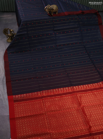 Kora silk cotton saree dark peacock blue and maroon with thread & zari weaves and simple border