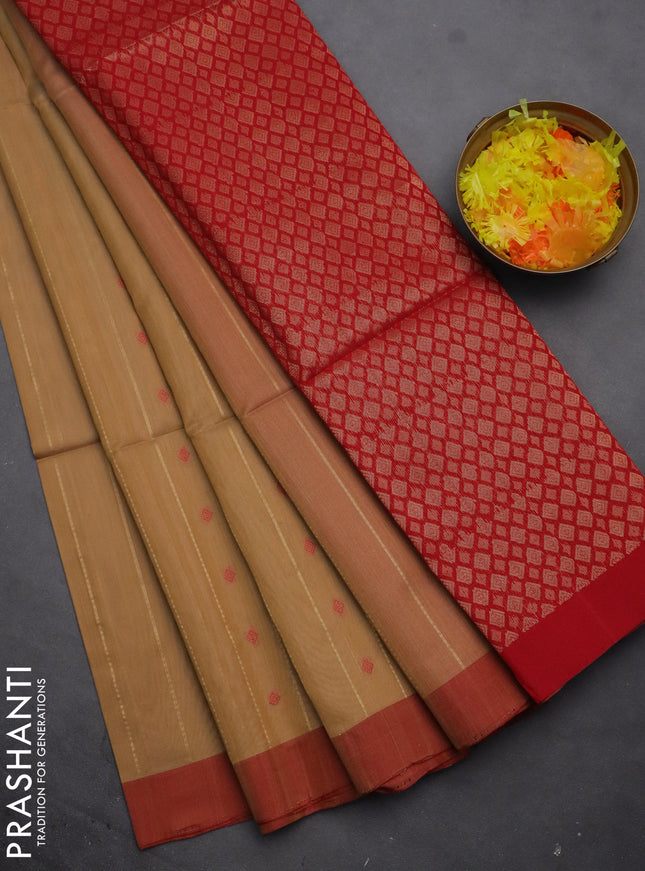 Kora silk cotton saree sandal and red with thread & zari weaves and simple border