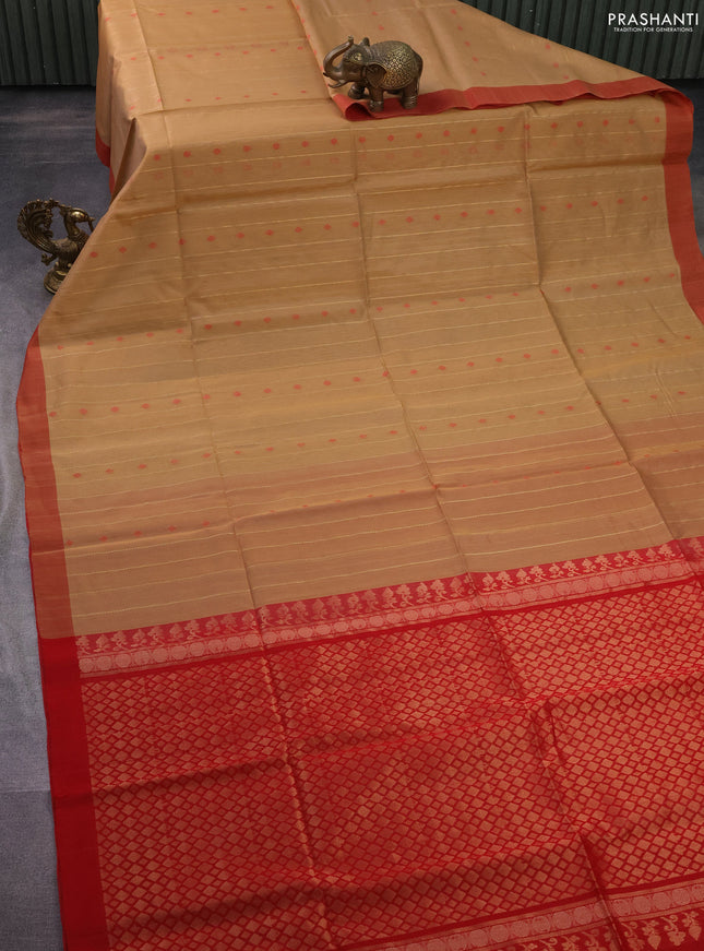 Kora silk cotton saree sandal and red with thread & zari weaves and simple border
