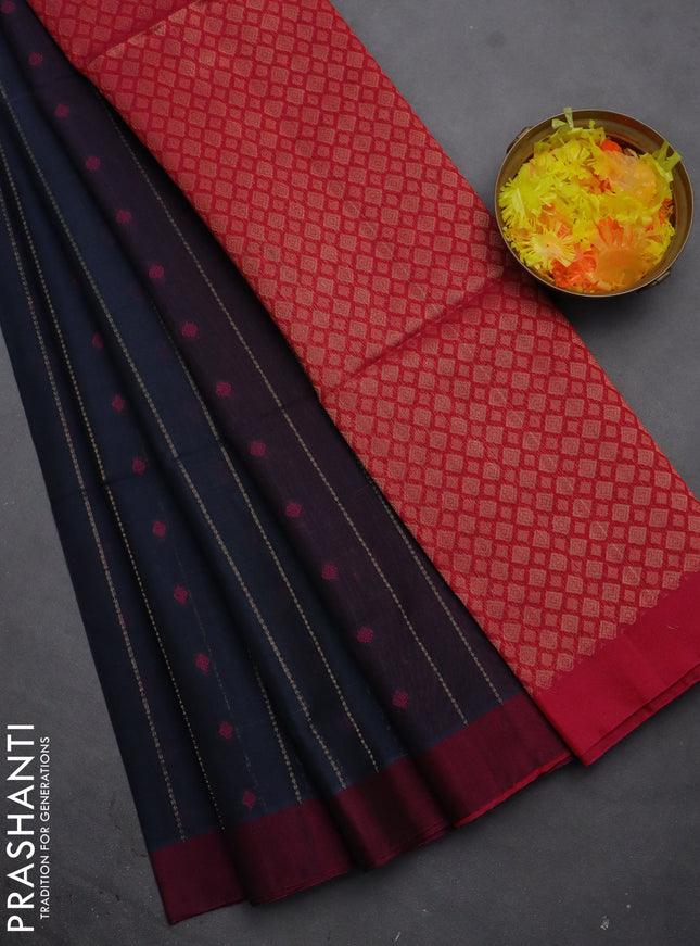 Kora silk cotton saree dark peacock blue and purple with thread & zari weaves and simple border