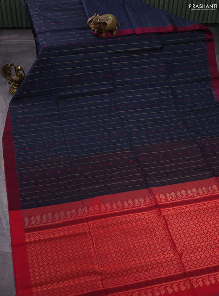 Kora silk cotton saree dark peacock blue and purple with thread & zari weaves and simple border