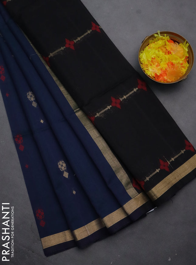 Kora silk cotton saree dual shade of bluish green and black with thread & zari woven buttas and zari woven border