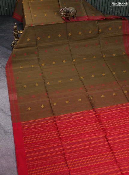 Kora silk cotton saree olive green and red with thread woven buttas and simple border