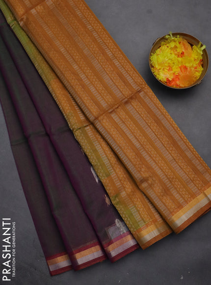Kora silk cotton saree dual shade of greenish purple and dark mustard with silver & gold zari woven buttas and zari woven border