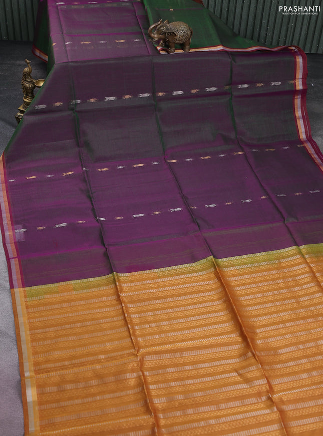 Kora silk cotton saree dual shade of greenish purple and dark mustard with silver & gold zari woven buttas and zari woven border