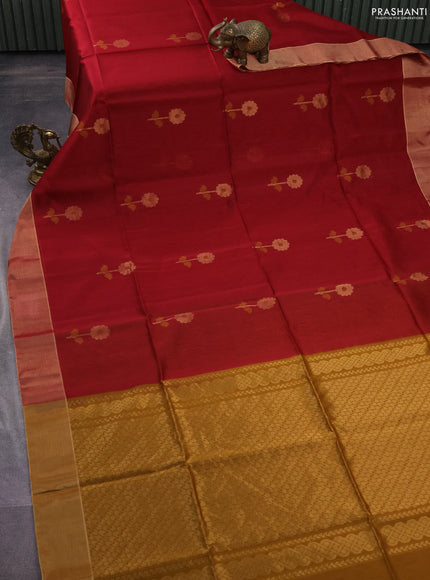 Kora silk cotton saree maroon and dark mustard with silver & gold zari woven floral buttas and zari woven border