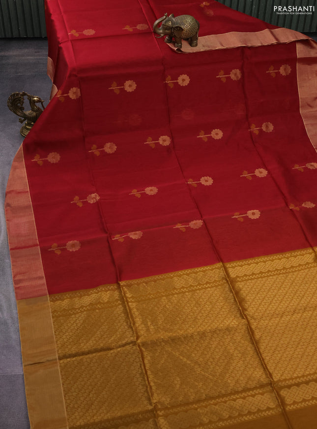 Kora silk cotton saree maroon and dark mustard with silver & gold zari woven floral buttas and zari woven border