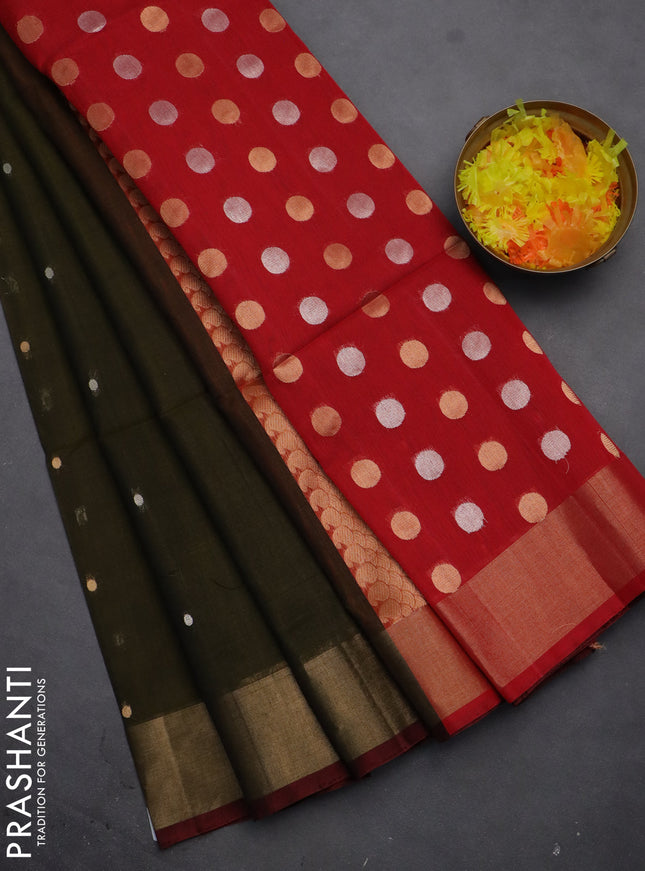 Kora silk cotton saree sap green and red with silver & gold zari woven floral buttas and zari woven border
