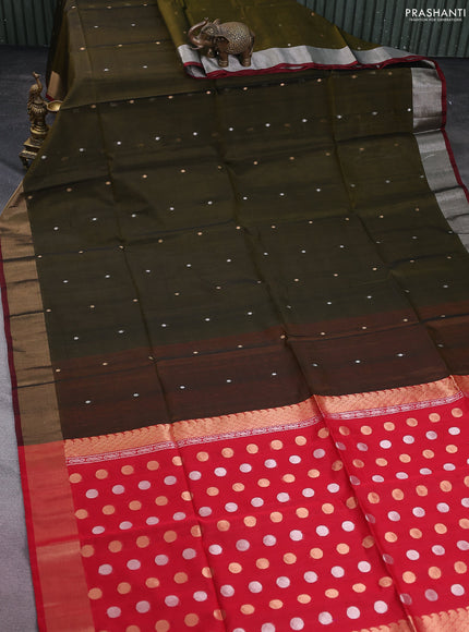 Kora silk cotton saree sap green and red with silver & gold zari woven floral buttas and zari woven border