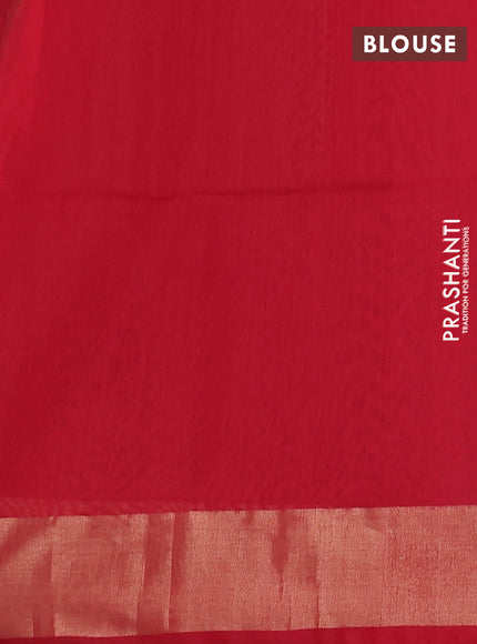 Kora silk cotton saree sap green and red with silver & gold zari woven floral buttas and zari woven border