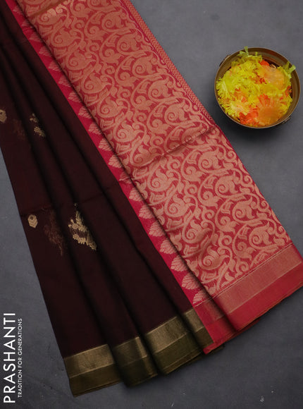 Kora silk cotton saree deep maroon and pink with zari woven buttas and zari woven border