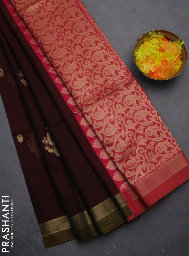 Kora silk cotton saree deep maroon and pink with zari woven buttas and zari woven border