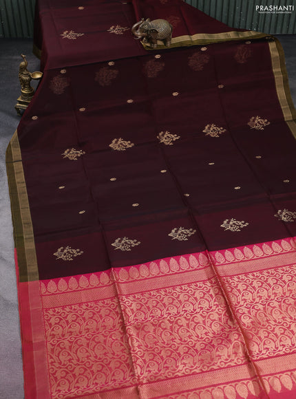 Kora silk cotton saree deep maroon and pink with zari woven buttas and zari woven border