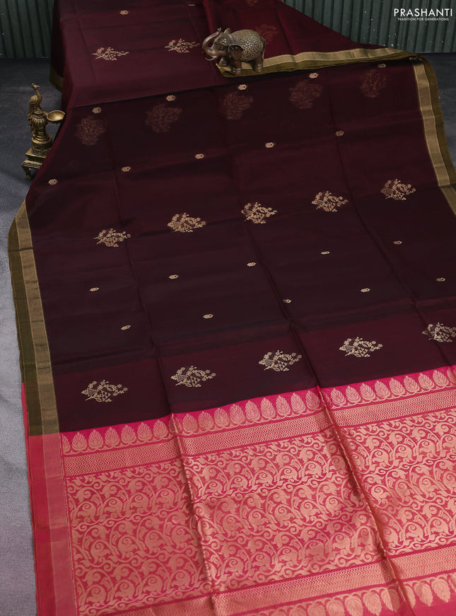 Kora silk cotton saree deep maroon and pink with zari woven buttas and zari woven border