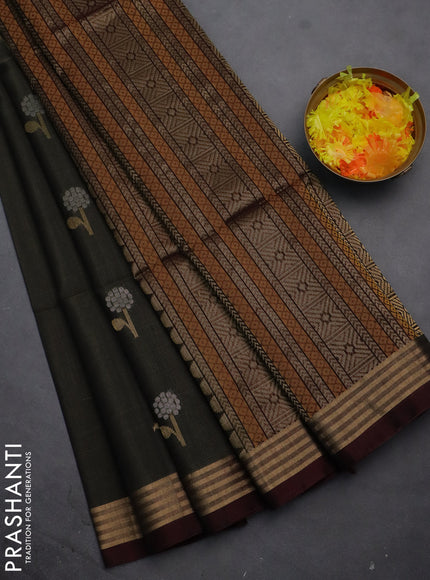 Kora silk cotton saree grey and wine shade with silver & gold zari woven buttas and zari woven border